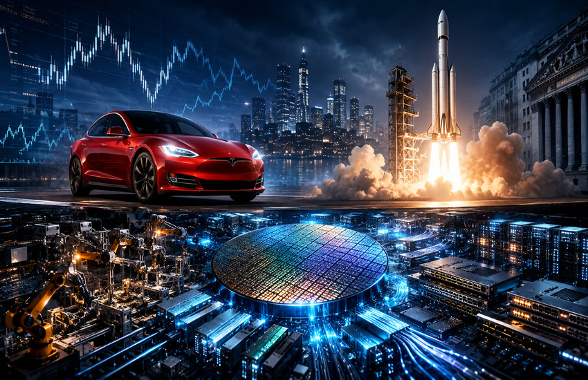 Metaphorical editorial image showing Tesla, a SpaceX rocket, market charts, semiconductors, and AI infrastructure.