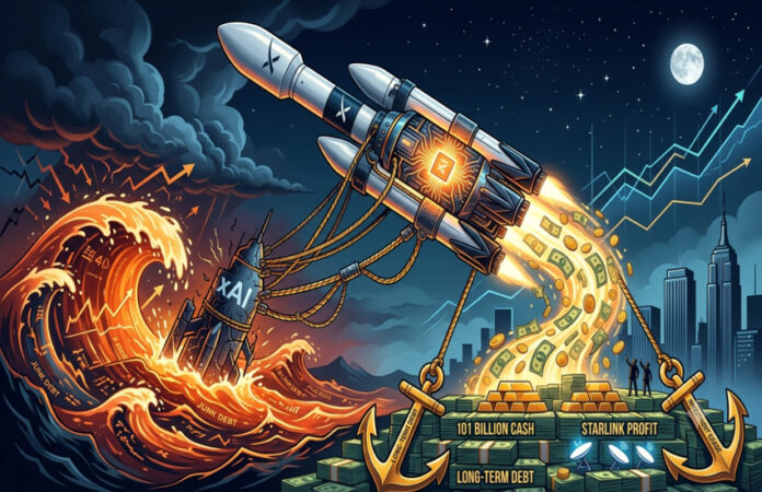 spacex-xai-debt-starlink-cash-growth Metaphorical illustration of a SpaceX rocket escaping xAI debt waves, backed by Starlink profit, cash reserves, and rising market charts.