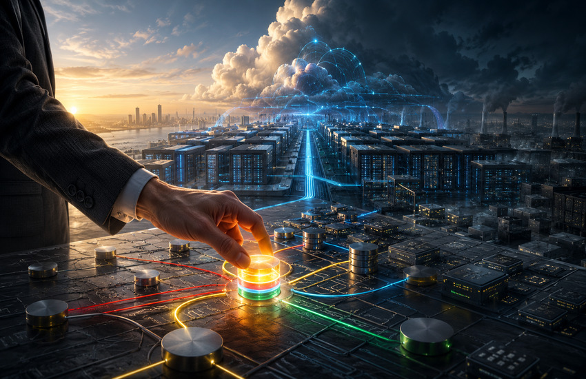Investor placing a glowing multicolor token onto a vast AI data center network representing Alphabet’s infrastructure spending and financial risk.