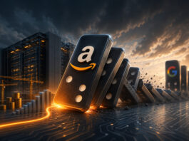 Amazon domino falling toward AI data centers and Google, symbolizing rising capital spending and earnings pressure.