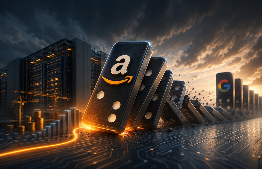 Amazon domino falling toward AI data centers and Google, symbolizing rising capital spending and earnings pressure.