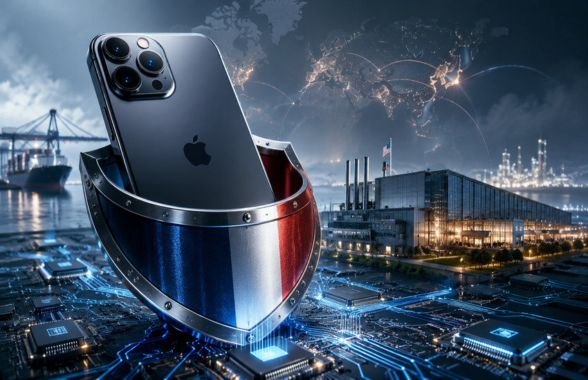 Metaphorical editorial image showing an iPhone-like device protected by a patriotic shield amid U.S. chip manufacturing and global supply chains.