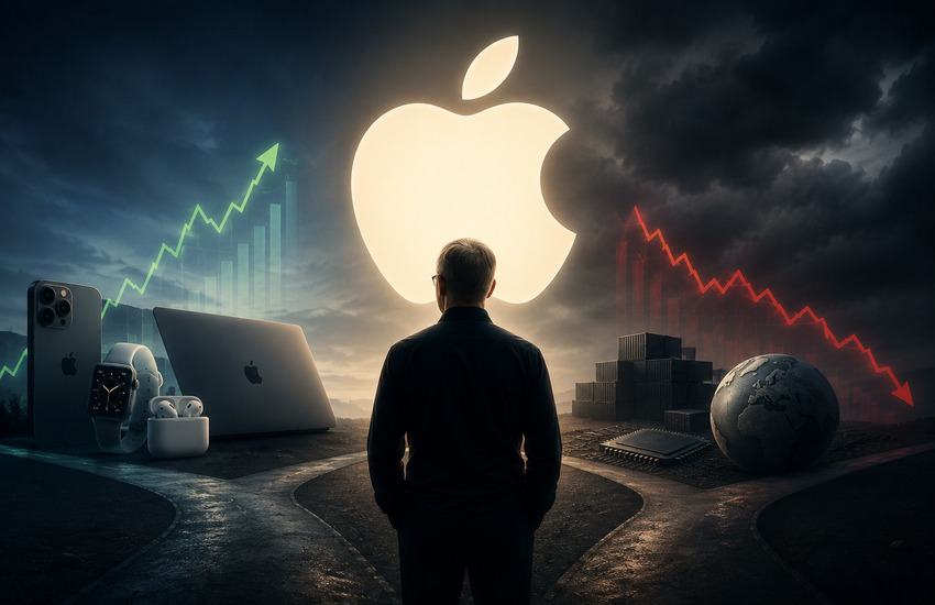 Metaphorical Apple earnings preview cover showing an executive at a crossroads between growth and profitability risks.