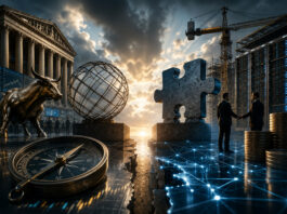 Metaphorical financial landscape representing CME Group derivatives trading and Ares Management financing AI data center construction.