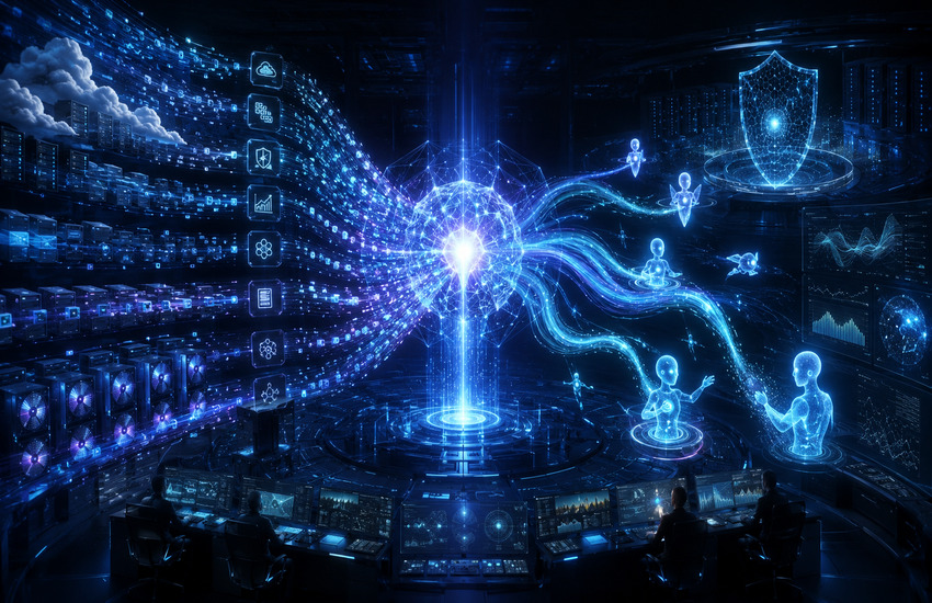 Metaphorical futuristic control center showing telemetry streams flowing into an adaptive AI core for observability, security, and agentic workflows.