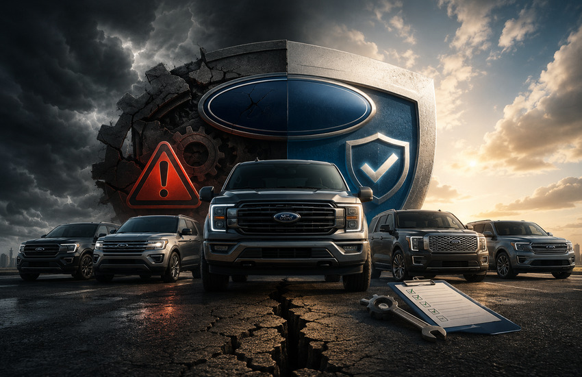 Metaphorical image of Ford vehicles facing recall warning signals, safety concerns, and a quality reset.