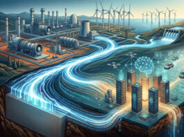 Metaphorical editorial image of AI data centers powered by turbines, transformers, transmission lines, and electrification infrastructure.