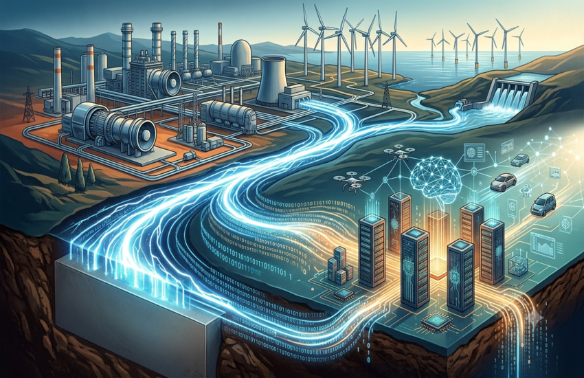 Metaphorical editorial image of AI data centers powered by turbines, transformers, transmission lines, and electrification infrastructure.