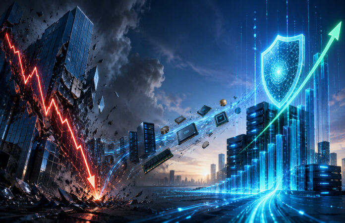 Metaphorical editorial image showing a collapsing tower with a red market plunge and a rising cybersecurity shield symbolizing the IBM stock crash and CrowdStrike rally.