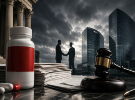 Pain-relief bottle, legal documents, courthouse, gavel, and corporate handshake symbolizing Kenvue’s Tylenol lawsuits and Kimberly-Clark deal risk.