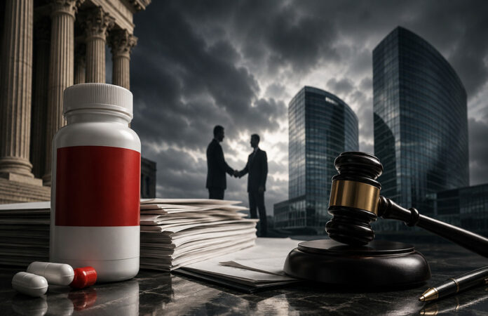Pain-relief bottle, legal documents, courthouse, gavel, and corporate handshake symbolizing Kenvue’s Tylenol lawsuits and Kimberly-Clark deal risk.