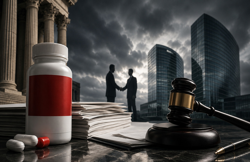 Pain-relief bottle, legal documents, courthouse, gavel, and corporate handshake symbolizing Kenvue’s Tylenol lawsuits and Kimberly-Clark deal risk.