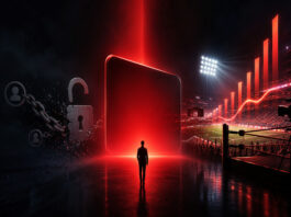 Metaphorical editorial image for Netflix earnings showing a glowing red screen between a broken password-sharing lock and a live sports arena with rising bars.