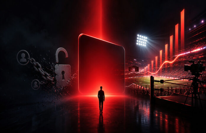 Metaphorical editorial image for Netflix earnings showing a glowing red screen between a broken password-sharing lock and a live sports arena with rising bars.