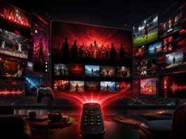 Metaphorical Netflix live TV bundles concept showing a futuristic streaming hub combining sports, podcasts, games, news, and entertainment.