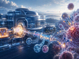 Novartis’ $1.5 Billion Myricx Deal Tests Oncology Pipeline Metaphorical editorial image of a large pharmaceutical research complex absorbing a biotech platform as antibody-drug conjugate pathways target cancer cells.