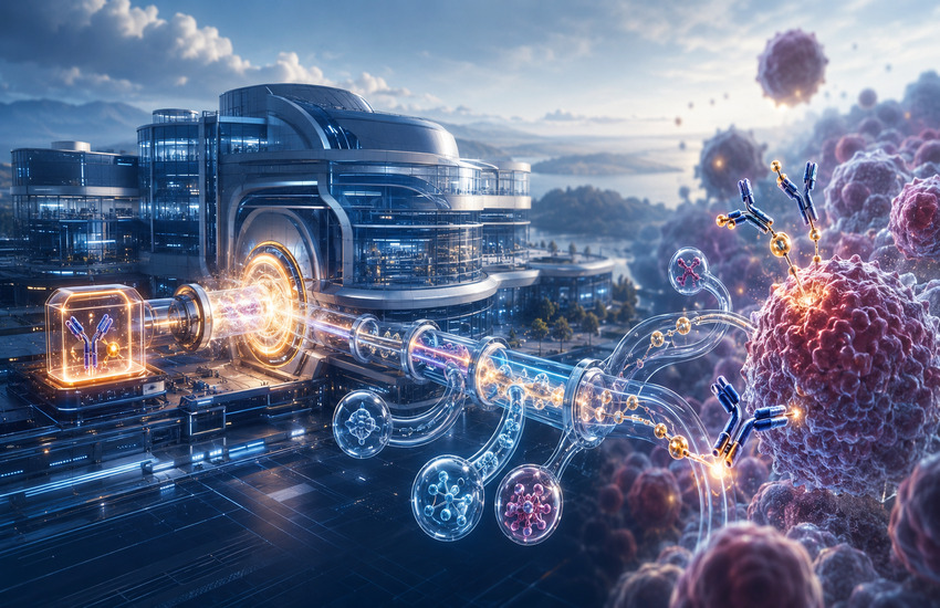 Metaphorical editorial image of a large pharmaceutical research complex absorbing a biotech platform as antibody-drug conjugate pathways target cancer cells.
