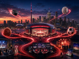 Rogers MLSE Acquisition Tests Sports Media Ambitions Metaphorical editorial image of Toronto sports venues, connected media networks, streaming screens, and multiple sports representing Rogers’ MLSE acquisition strategy.