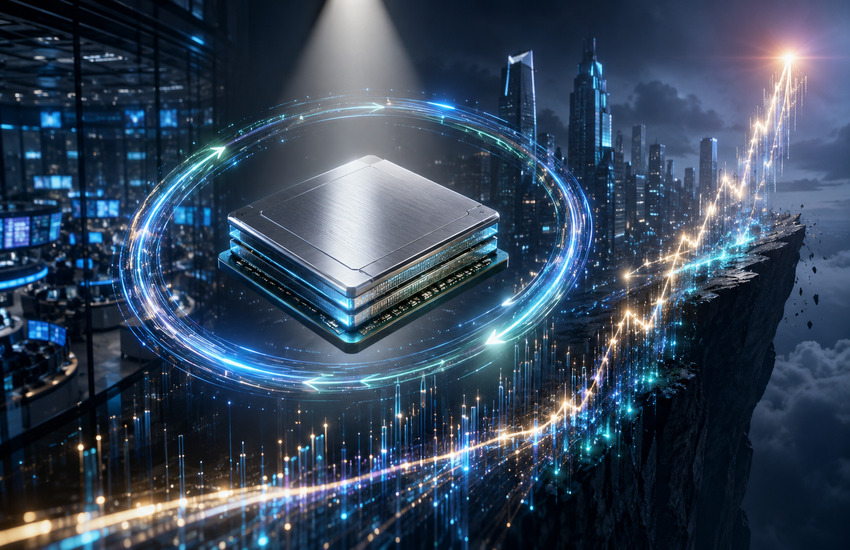 Metaphorical editorial image of an AI memory chip surrounded by circular market lights, symbolizing SK Hynix’s Nasdaq listing and re-rating risk.