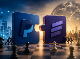 Metaphorical illustration of two digital payments platforms moving together, representing the proposed Stripe PayPal acquisition and strategic fintech consolidation.