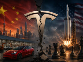 Split Tesla emblem between a China factory and a U.S. rocket launch, symbolizing a potential SpaceX merger.