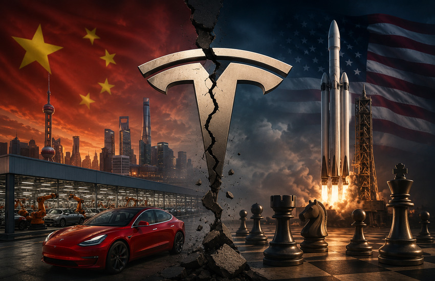 Split Tesla emblem between a China factory and a U.S. rocket launch, symbolizing a potential SpaceX merger.
