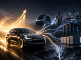 Tesla electric car advancing toward growth while capital flows into robotaxi, robotics, factories, batteries, and AI infrastructure.