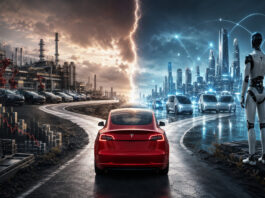 Tesla electric vehicle at a crossroads between traditional car manufacturing and a futuristic robotaxi and Optimus-powered AI city.