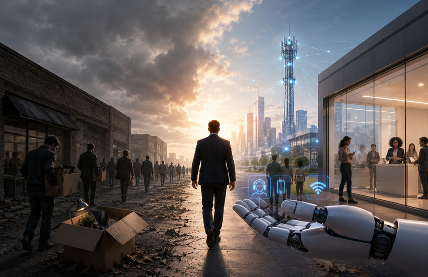 Metaphorical depiction of Verizon’s job cuts, retail restructuring, AI automation, and transition toward a digital operating model.
