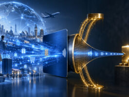 Metaphorical editorial image showing global digital payments, travel and commerce flowing through a narrowing financial funnel, symbolizing Visa’s revenue conversion and client incentive pressure.