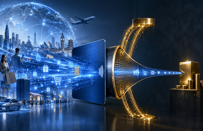 Metaphorical editorial image showing global digital payments, travel and commerce flowing through a narrowing financial funnel, symbolizing Visa’s revenue conversion and client incentive pressure.