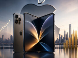 Apple foldable iPhone concept with premium hardware, rising financial bars, and Apple's logo representing the upcoming launch and pricing strategy.