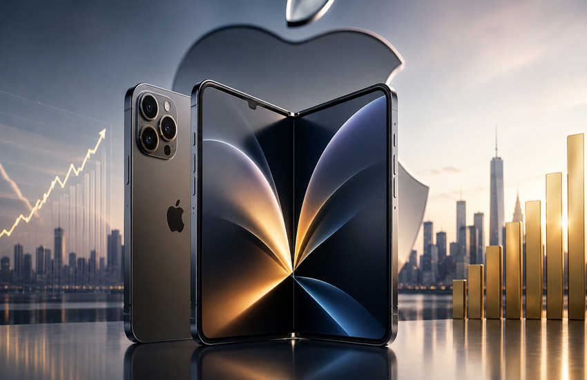 Apple foldable iPhone concept with premium hardware, rising financial bars, and Apple's logo representing the upcoming launch and pricing strategy.