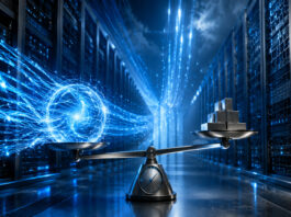 Metaphorical balance scale inside an AI data center illustrating Dell Technologies’ AI server growth versus margin pressure