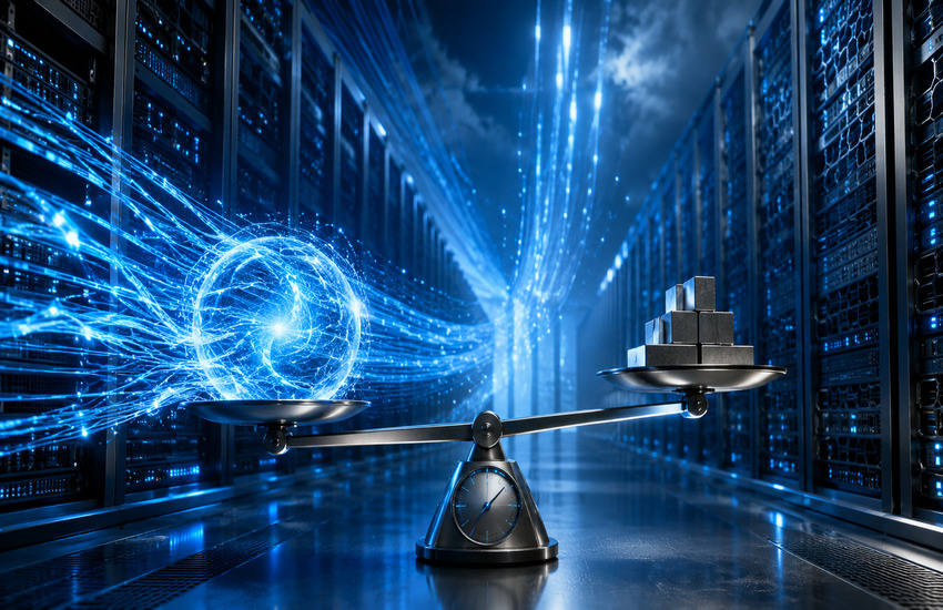 Metaphorical balance scale inside an AI data center illustrating Dell Technologies’ AI server growth versus margin pressure