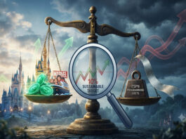 Editorial illustration of a balance scale weighing Disney streaming gains against ESPN programming costs under a stormy sky.