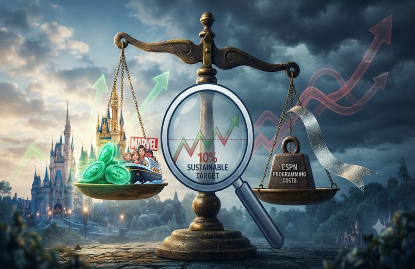Editorial illustration of a balance scale weighing Disney streaming gains against ESPN programming costs under a stormy sky.