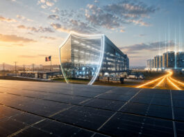 Metaphorical editorial image of a U.S. solar manufacturing campus linked to data-center infrastructure, symbolizing policy protection and rising power demand.