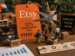 Metaphorical Etsy restructuring scene with scissors cutting an orange tag as employees carry boxes from a miniature office.