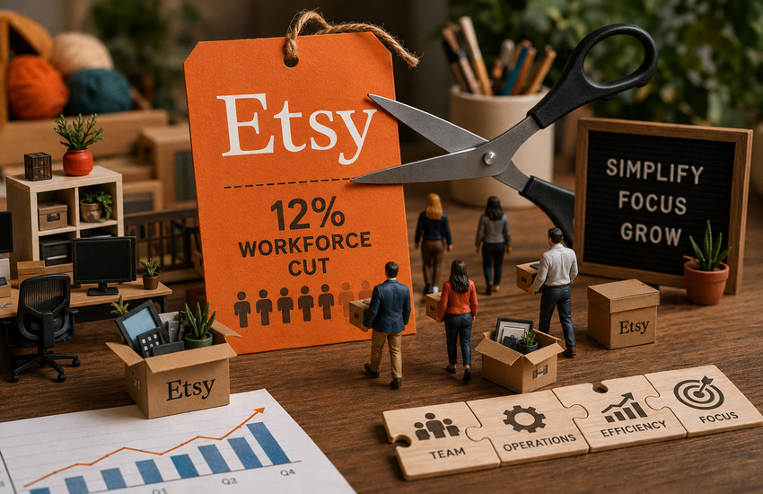 Metaphorical Etsy restructuring scene with scissors cutting an orange tag as employees carry boxes from a miniature office.