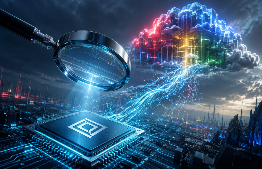 Marvell semiconductor chip under a magnifying glass with data flowing toward a Google-inspired AI cloud infrastructure network.