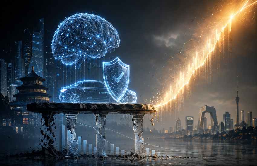MindForge stock analysis concept showing AI insurance technology beside a surging market chart on a fragile financial foundation.