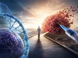 Metaphorical illustration of Moderna’s personalized cancer vaccine targeting tumor cells alongside DNA and precision medicine imagery.