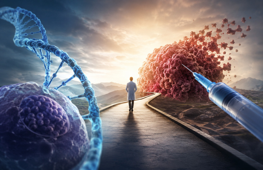 Metaphorical illustration of Moderna’s personalized cancer vaccine targeting tumor cells alongside DNA and precision medicine imagery.