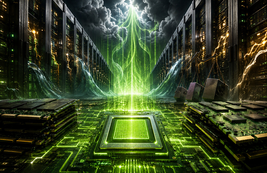 Metaphorical Nvidia AI data center showing a glowing accelerator chip, memory infrastructure, rising costs, and server deployment pressure.