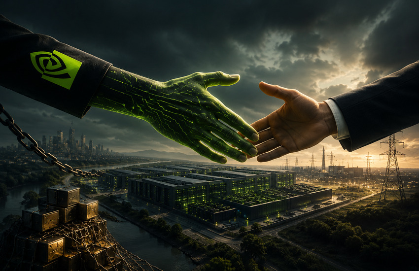 Nvidia-inspired digital handshake above an AI data center symbolizing OpenAI infrastructure financing and Nvidia’s expanding financial role.
