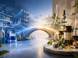 Metaphorical editorial image showing consumer goods shelves connected by light to laboratory glassware and supplement bottles, representing P&G’s Thorne acquisition.