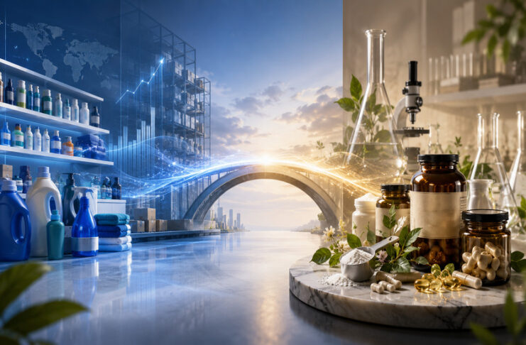 Metaphorical editorial image showing consumer goods shelves connected by light to laboratory glassware and supplement bottles, representing P&G’s Thorne acquisition.