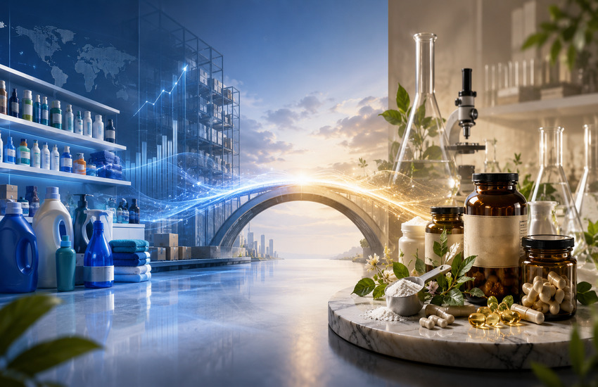 Metaphorical editorial image showing consumer goods shelves connected by light to laboratory glassware and supplement bottles, representing P&G’s Thorne acquisition.