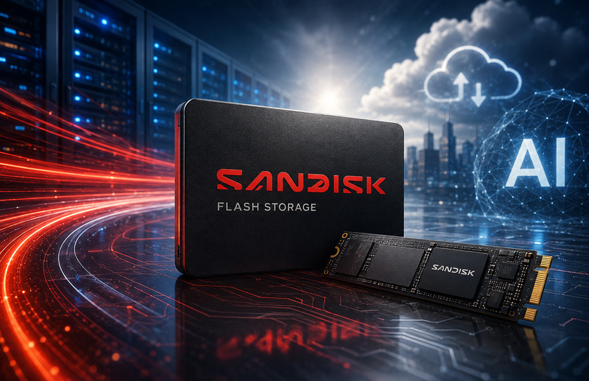 Sandisk SSD and flash storage module positioned between data center servers and AI cloud infrastructure.